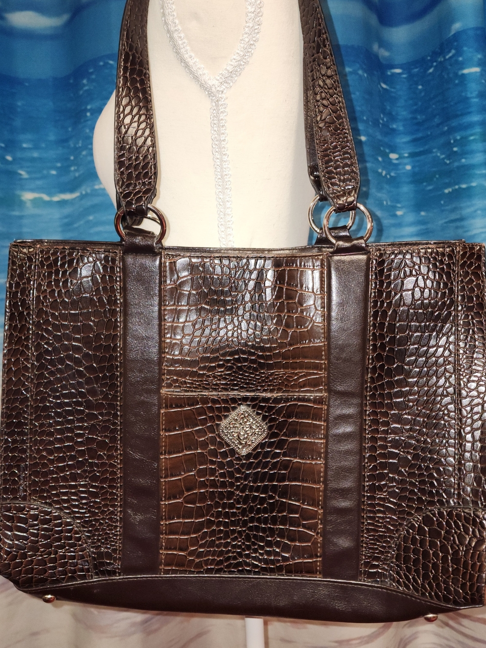 Coldwater Creek Brown Croc-Embossed Tote with Decorative Medallion